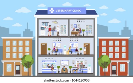 Vetclinic city building with patients and owners.