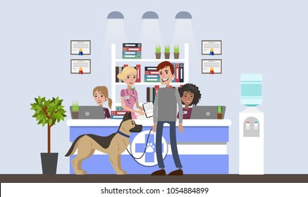 Vetclinic illustration with patients and owners on white.