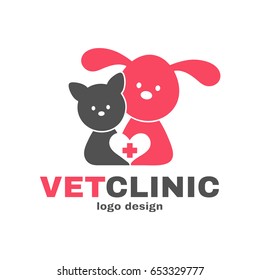 Vetclinic logo design template. Vet clinic, veterinarian, veterinary concept. Vector flat modern style illustration cartoon icon. Dog, cat, heart. Isolated on white background
