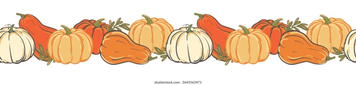Vetcor horizontal border of colorful pumpkins, Halloween decoration. Seamless pattern with autumn pumpkins for Halloween party invitations, Thanksgiving design.