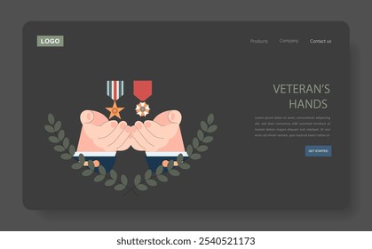 Veteran appreciation concept. Illustration of hands holding military medals among olive branches. Honor and remembrance theme. Vector illustration.