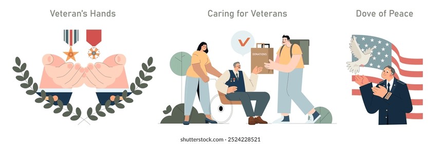 Conjunto de Apreciação de Veterano. Honrar o serviço militar com medalhas, apoio comunitário, símbolos de paz. Respeito e gratidão aos veteranos. Ilustração vetorial.