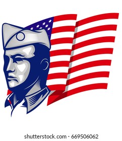 veteran army world war hero mascot logo head united states of america with glorious background america flag celebrate fourth july