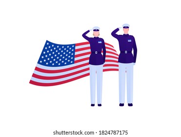 Veteran day and fourth july holiday concept. Vector flat illustration. Man and woman soldier in mess uniform salute. American flag waving sign on white background. Design element for banner, web.