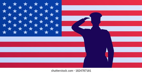 Veteran day and fourth july holiday concept. Vector flat illustration. Man soldier silhouette salute on american flag background. Design element for army banner, web.