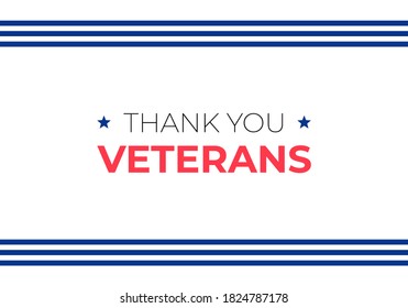 Veteran day holiday banner template. Vector flat illustration. Black and red color text with horizontal border blue stripes on white background. "Thank you veterans" text.