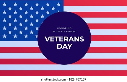 Veteran day holiday banner template. Vector flat illustration. American blue and red flag with circle frame. "Honoring all who serve. Veterans Day" text.