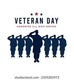 Veteran day honor logo background. US army soldiers salute silhouette. Vector greeting design illustration.