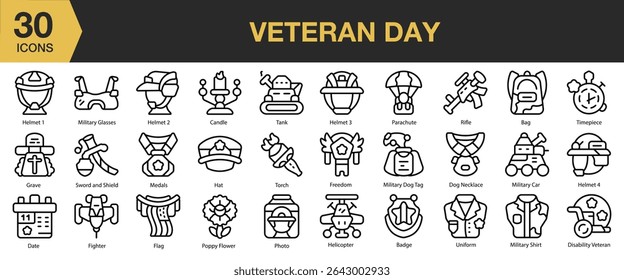Conjunto de ícones do Dia dos Veteranos. Inclui feriado, bandeira, dia, nacional, militar, memorial e muito mais. Contornar coleção de vetores de ícones.