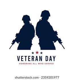 Veteran day logo with US army soldier silhouette. Vector background greeting text illustration.