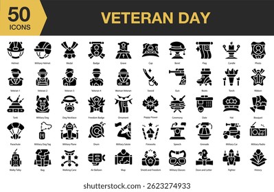 Conjunto de ícones sólidos do Dia dos Veteranos. Inclui feriado, bandeira, nacional, patriotismo, militar, dia, memorial e muito mais. Coleção vetorial de ícones sólidos.