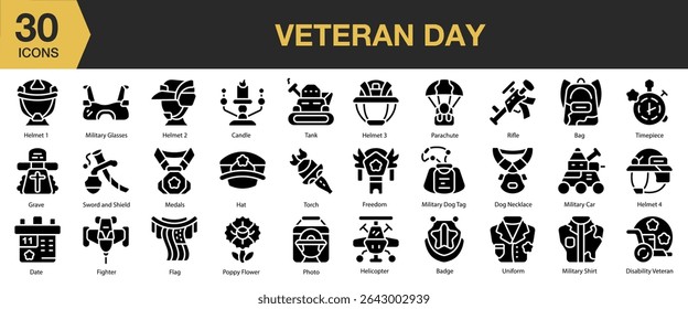 Veteran Day solid icon set. Includes holiday, flag, day, national, military, memorial, and More. Solid icons vector collection.