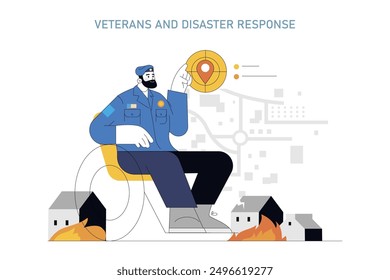 Veteran in disaster response gear analyzing strategic location on map amidst crisis scenario. Vector illustration.