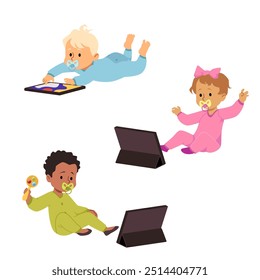 Veteran illustration with infant girl and boys playing an app on a tablet. The kids are enthusiastic, using a modern gadget for an interactive application