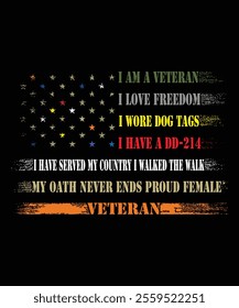 I AM A VETERAN I LOVE FREEDOM I HAVE A DD-214 I HAVE SERVED MY COUNTRY I WALKED THE WALK MY OATH NEVER ENDS PROUD FEMALE VETERAN TSHIRT DESIGN