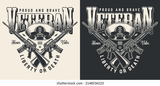 Veteran NAVY Monochrome Poster Vintage US Navy Officer Cap And M-16 Assault Rifles Liberty Or Death Text Vector Illustration