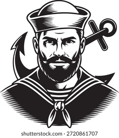 Veterano marinero con una expresión severa y ancla sobre el hombro representada en una audaz ilustración en blanco y negro que transmite fuerza y experiencia marítima.