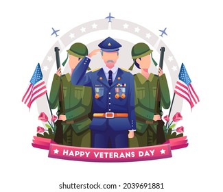 Veteran and Soldiers are honoring and celebrating Veterans Day. Flat vector illustration