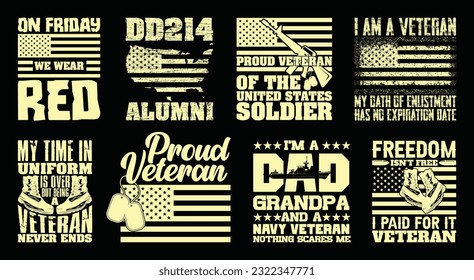Paquete de diseño de camisetas veteranas, citas sobre el Día de los Veteranos, camiseta del ejército, colección de diseño de camisetas de época militar