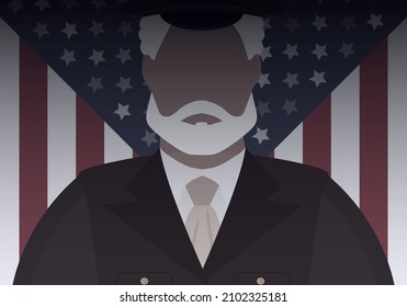 Veteran in uniform against the background of the flag. Cartoon style.