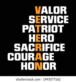 VETERAN. Valor, Service, Patriot, Hero, Sacrifice, Courage, Honor. Design element for poster, t-shirt print, card, advertising.