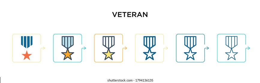 Veteran vector icon in 6 different modern styles. Black, two colored veteran icons designed in filled, outline, line and stroke style. Vector illustration can be used for web, mobile, ui