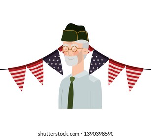 veteran war old man with flag of united states background