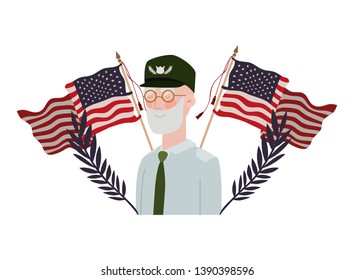 veteran war old man with flag of united states background