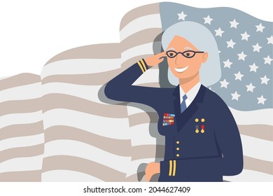 Veteran woman with crutch in front of usa flag