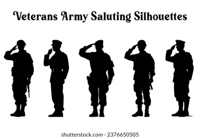 Veterans Army Saluting Vector Silhouettes Bundle, Soldier silhouettes collection for Veterans Day, Army soldier force silhouettes