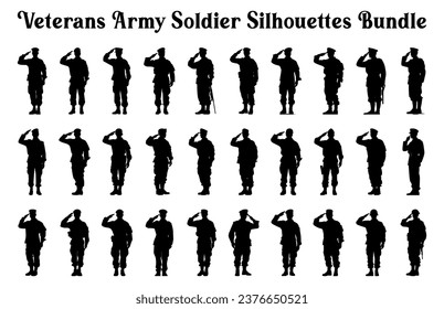 Veterans Army Saluting Vector Silhouettes Bundle, Soldier silhouettes collection for Veterans Day, Army soldier force silhouettes