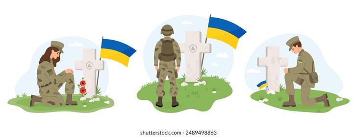 In: Veterans Cemetery and Ukrainian Military. Soldaten Frau und Mann auf einem Knie vor dem Grabkreuz mit gelb-blauen ukrainischen Fahnen. Gedenktag. Vereinzelte Vektorillustrationen im flachen Stil