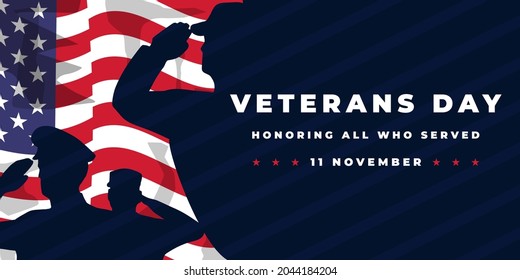 veterans day, 11 november. silhouette soldier saluting on american flag