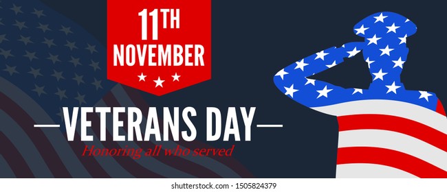 Veterans Day 11 November United States of America saluting soldier silhouette vector illustration