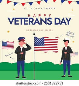 Veterans Day. 11th November Happy Veterans day celebration banner with American flags, army officers saluting in uniform. The day honors veterans of the armed forces, those killed in the country wars.