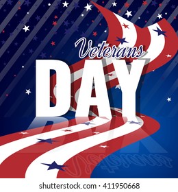 Veterans Day. Abstract american background with waving striped flag, starry pattern and reflection. Stock vector.