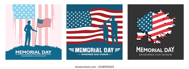 Veterans Day in America. American flag and soldier silhouette. Honoring all who have served. Memorial Day concept. Set flat vector illustration.