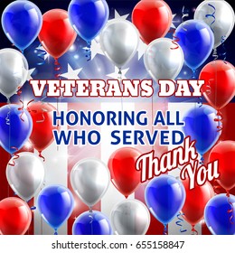 A Veterans Day American flag background with red,white and blue balloons