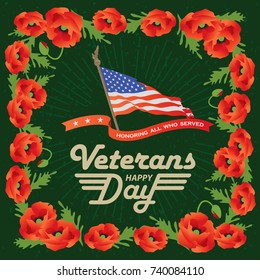 Veterans Day. American flag in a frame of poppies on a green background.