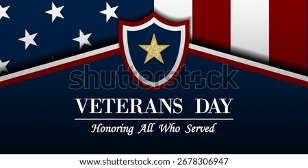 Veterans Day. American flag, shield and star. Suitable for posters, banners and social media. Blue background.