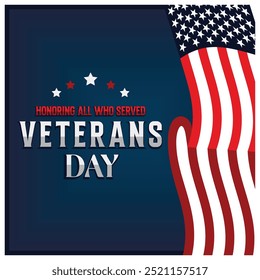 Veterans Day with an American flag. Text on blue background. Memorial Day concept. Flat vector illustration.