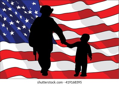 Veterans Day. An American Soldier And A Child. American Flag. Vector Illustration