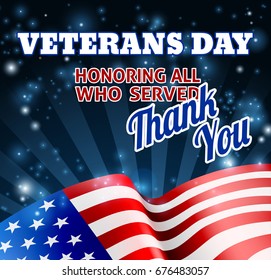 A Veterans Day background with an American Flag and Thank You message