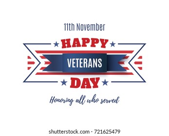 Veterans Day background. Blue ribbon and red stripes isolated on white. Greeting card, brochure or poster template. Vector illustration.