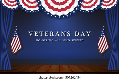 Veterans Day Background With Circle Wavy USA Flag and Stage Scene Design. Vector illustration