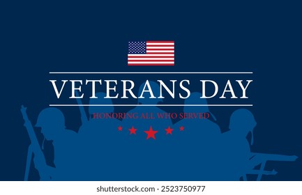 Veterans Day Background Design with American Flag and silhouette of army. Good for Banner, Poster, Greeting Card. Vector Illustration.