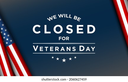 Veterans Day-Hintergrunddesign. Wir werden am Veteranentag geschlossen. Banner, Poster, Grußkarte. Vektorgrafik.