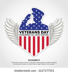 Veterans day background with a flag veteran silhouette and wings