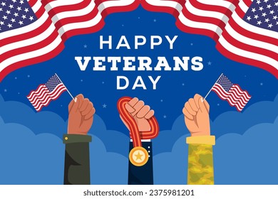 veterans day background illustration with hands holding flag and medal