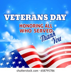 A Veterans Day Background With A Sky And American Flag And Thank You Message